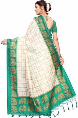 Light green printed cotton silk saree with blouse 5
