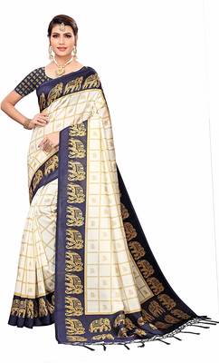 Blue printed cotton silk saree with blouse 1
