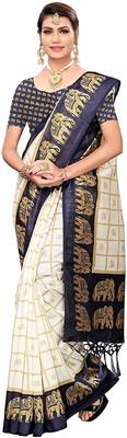 Blue printed cotton silk saree with blouse 2