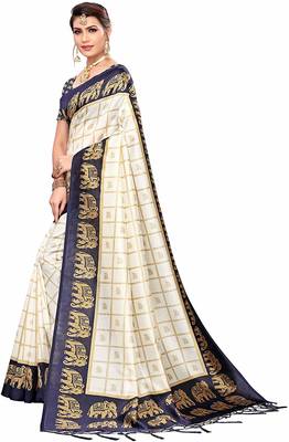 Blue printed cotton silk saree with blouse 3