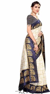 Blue printed cotton silk saree with blouse 4