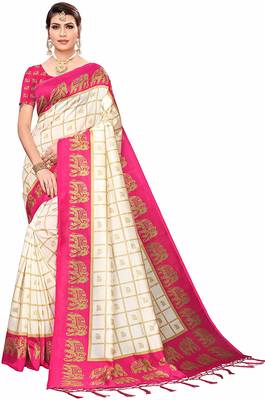 Pink printed cotton silk saree with blouse 1