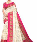 Pink printed cotton silk saree with blouse