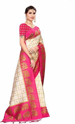 Pink printed cotton silk saree with blouse 4