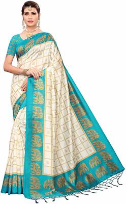 Sky blue printed cotton silk saree with blouse 1