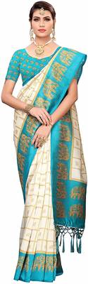 Sky blue printed cotton silk saree with blouse 3