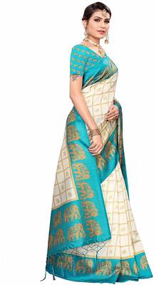 Sky blue printed cotton silk saree with blouse 4