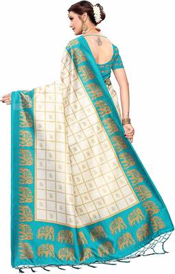 Sky blue printed cotton silk saree with blouse 5