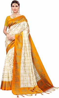 Yellow printed cotton silk saree with blouse 1