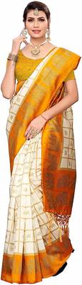 Yellow printed cotton silk saree with blouse 2