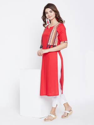 Red printed rayon long-kurtis 1