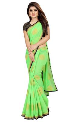 Light parrot green printed silk saree with blouse 4