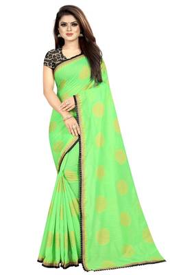 Light parrot green printed silk saree with blouse 1
