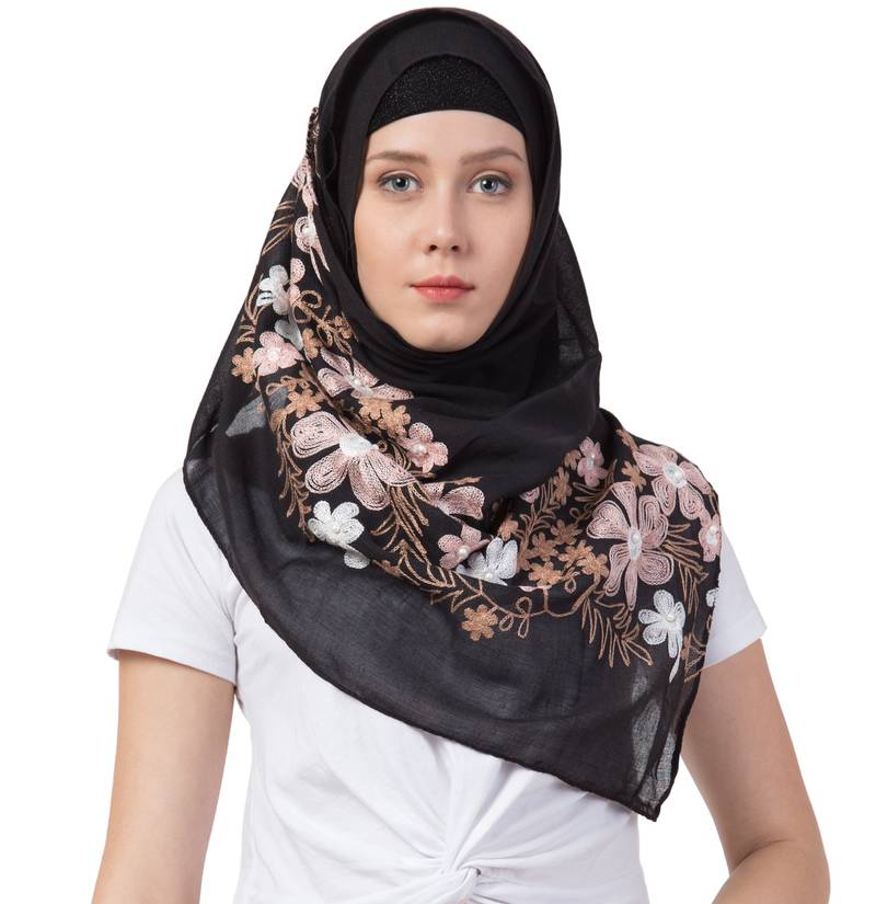 Black Designer Flower Cotton Islamic Hijab Headscarf Mean Zoom 2719850