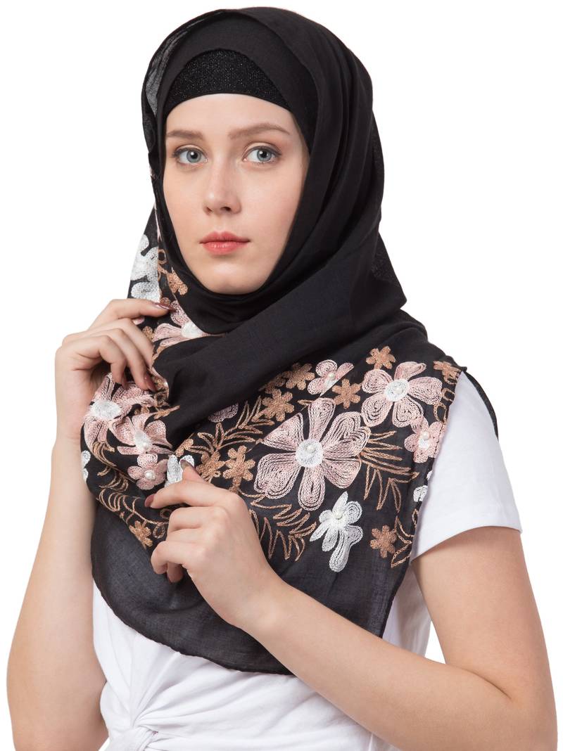 Black Designer Flower Cotton Islamic Hijab Headscarf Mean Zoom 2719850