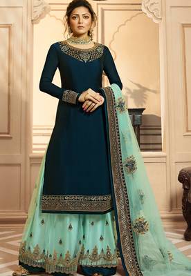 Dark-turquoise embroidered satin salwar 1