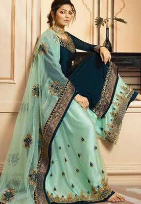 Dark-turquoise embroidered satin salwar 2