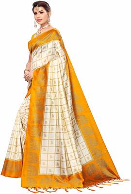 Yellow printed cotton silk saree with blouse 3