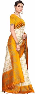 Yellow printed cotton silk saree with blouse 4
