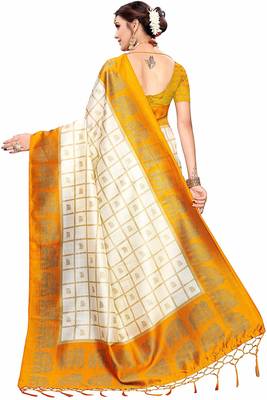 Yellow printed cotton silk saree with blouse 5