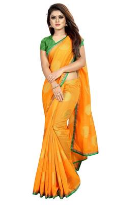 Orange printed silk saree with blouse 5