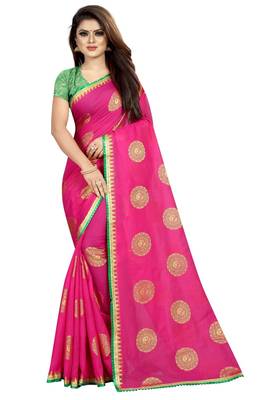 Pink printed silk saree with blouse 1