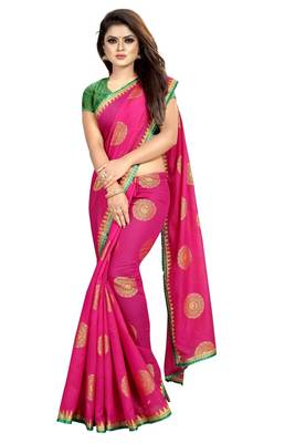 Pink printed silk saree with blouse 4