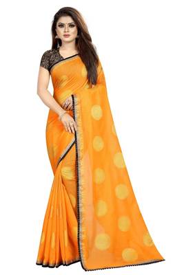 Orange printed silk saree with blouse 1
