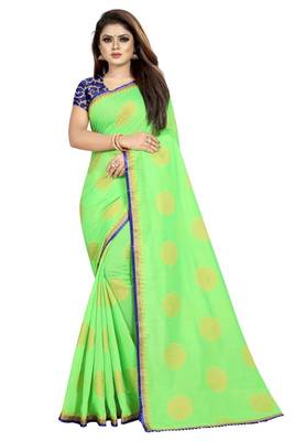 Light parrot green printed silk saree with blouse 1