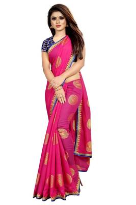 Pink printed silk saree with blouse 4