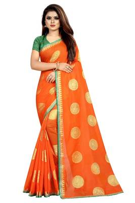 Orange printed silk saree with blouse 2