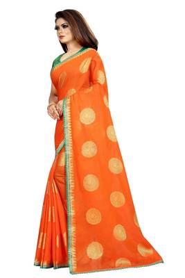 Orange printed silk saree with blouse 4