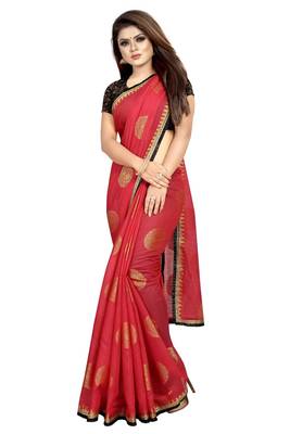 Red printed silk saree with blouse 4