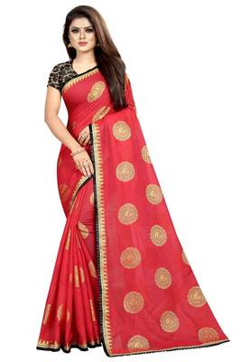 Red printed silk saree with blouse 1