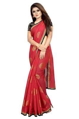 Red printed silk saree with blouse 4