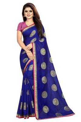 Blue printed silk saree with blouse 1