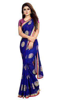 Blue printed silk saree with blouse 4