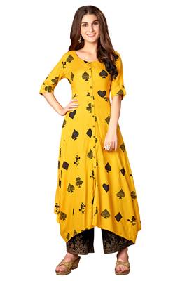 Blissta Mustard Rayon Printed Full Stitched Anarkali Kurti 1