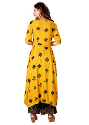 Blissta Mustard Rayon Printed Full Stitched Anarkali Kurti 2