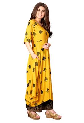 Blissta Mustard Rayon Printed Full Stitched Anarkali Kurti 4