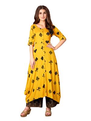 Blissta Mustard Rayon Printed Full Stitched Anarkali Kurti 5
