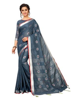 grey printed cotton saree with blouse 1