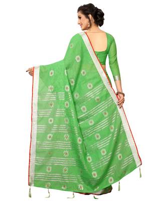 green printed cotton saree with blouse 2