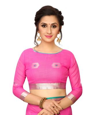 pink printed cotton saree with blouse 5