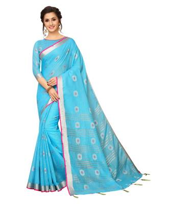 turquoise printed cotton saree with blouse 1