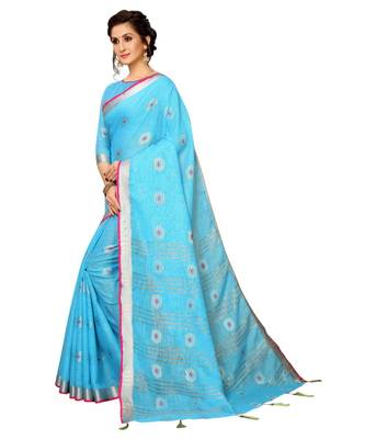 turquoise printed cotton saree with blouse 2