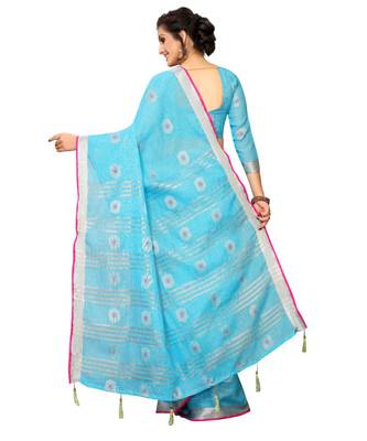 turquoise printed cotton saree with blouse 3