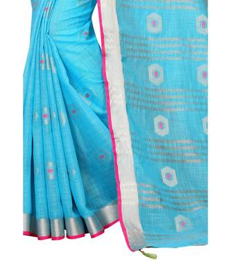 turquoise printed cotton saree with blouse 4