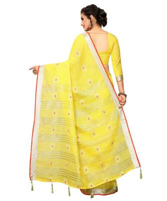 yellow printed cotton saree with blouse 3