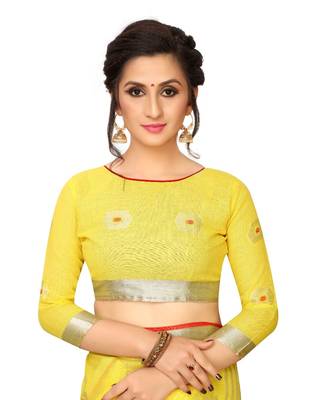 yellow printed cotton saree with blouse 5